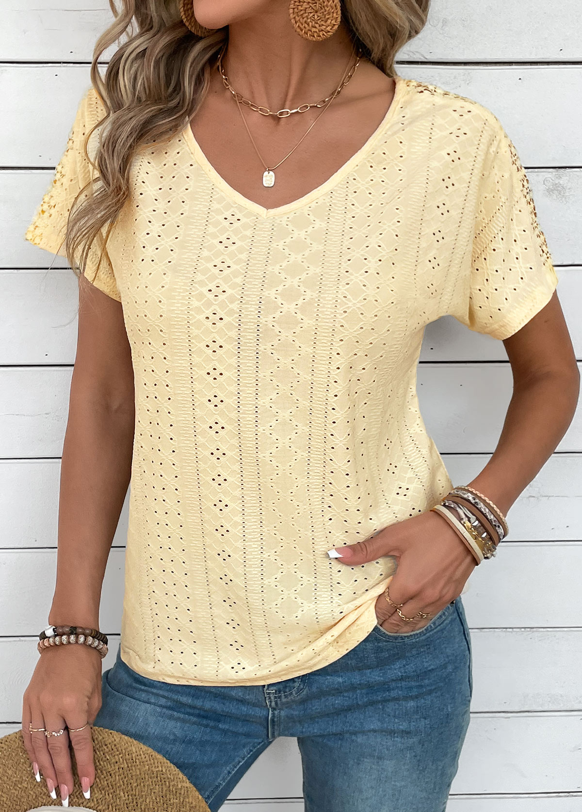 Modlily Ginger Embroidery Short Sleeve V Neck T Shirt - M