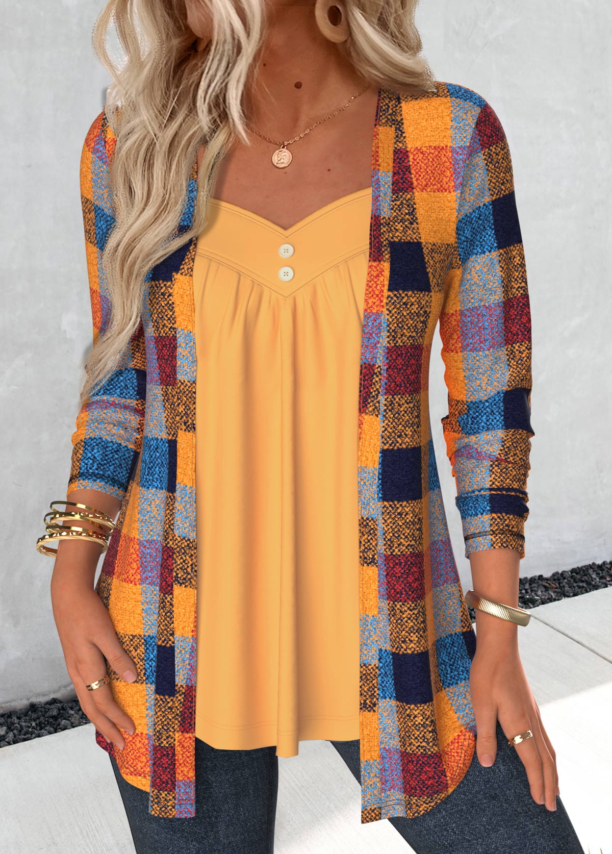 Modlily Ginger Plaid Long Sleeve Fake Two Piece Twinset - S