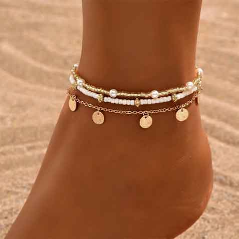Modlily Golden Alloy Beaded Design Anklet Set - One Size