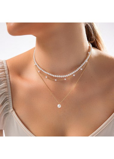 Modlily Golden Color Pearl Detail Layered Necklace - One Size