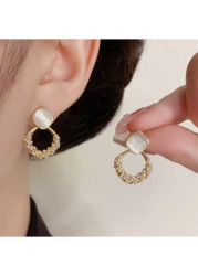Modlily Golden Diamond Pearl Geometric Metal Earrings - One Size