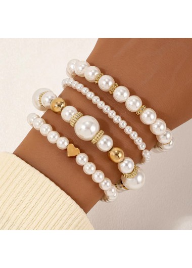 Modlily Golden Heart Design Round Pearl Bracelets - One Size