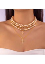 Modlily Golden Rhinestone Cross Pearl Layered Necklace - One Size