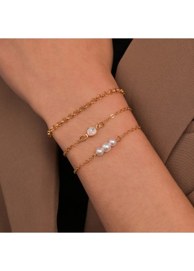 Modlily Golden Rhinestone Pearl Metal Bracelet Set - One Size
