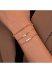Modlily Golden Rhinestone Pearl Metal Bracelet Set - One Size