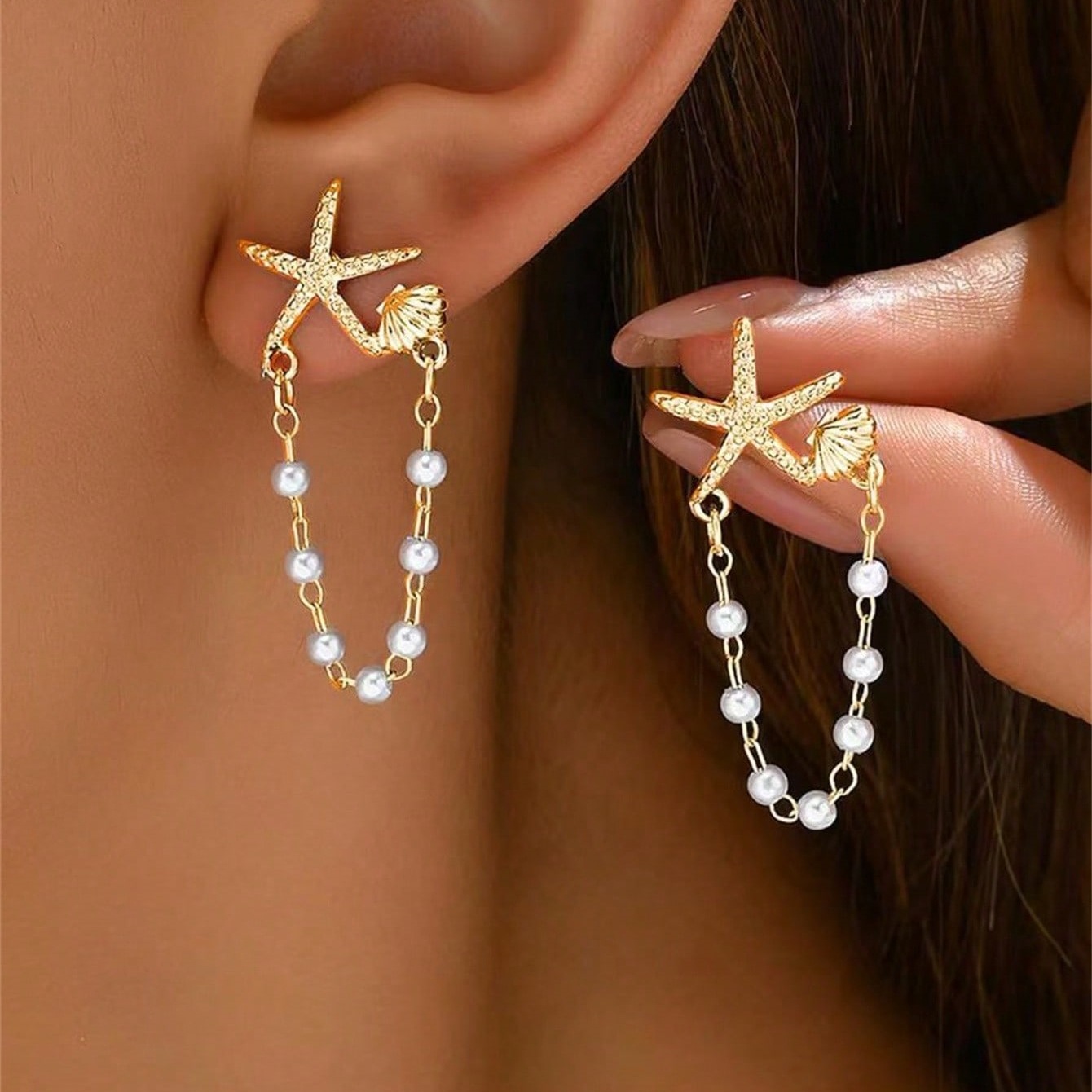 Modlily Golden Shell Pearl Starfish Alloy Earrings - One Size