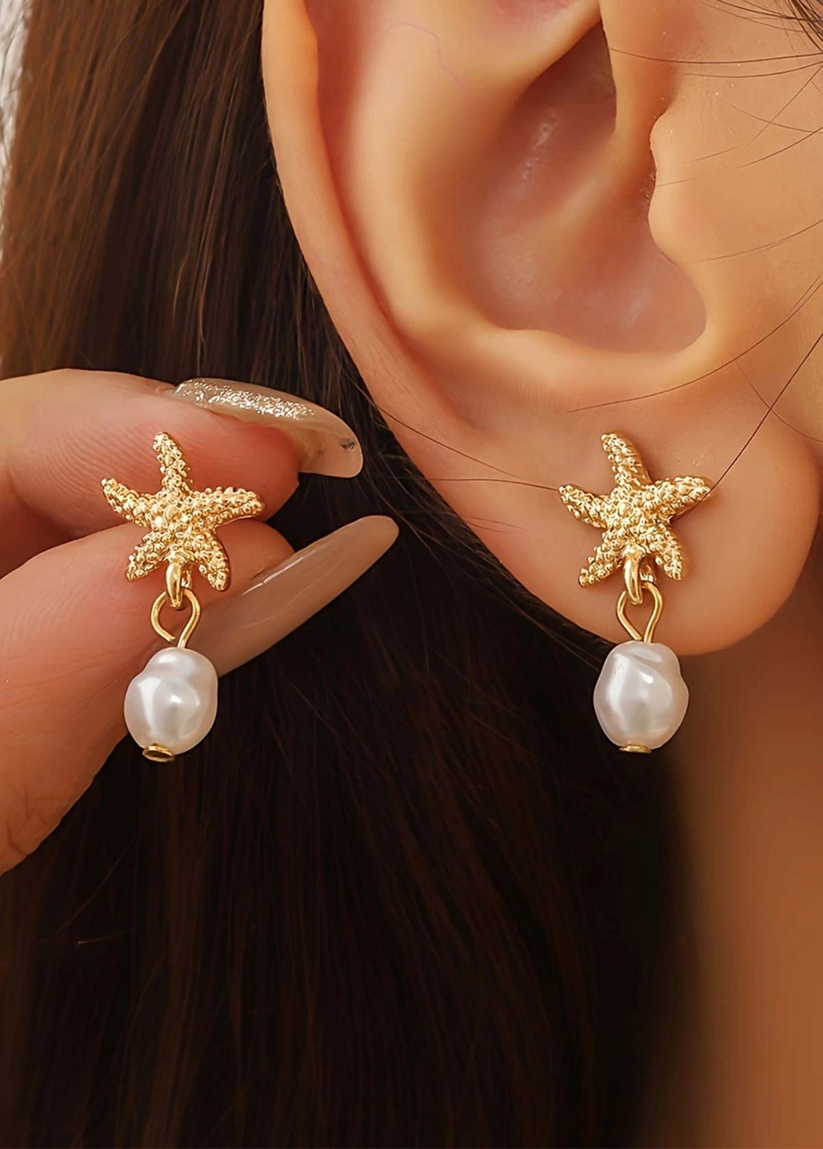 Modlily Golden Starfish Alloy Pearl Design Earrings - One Size