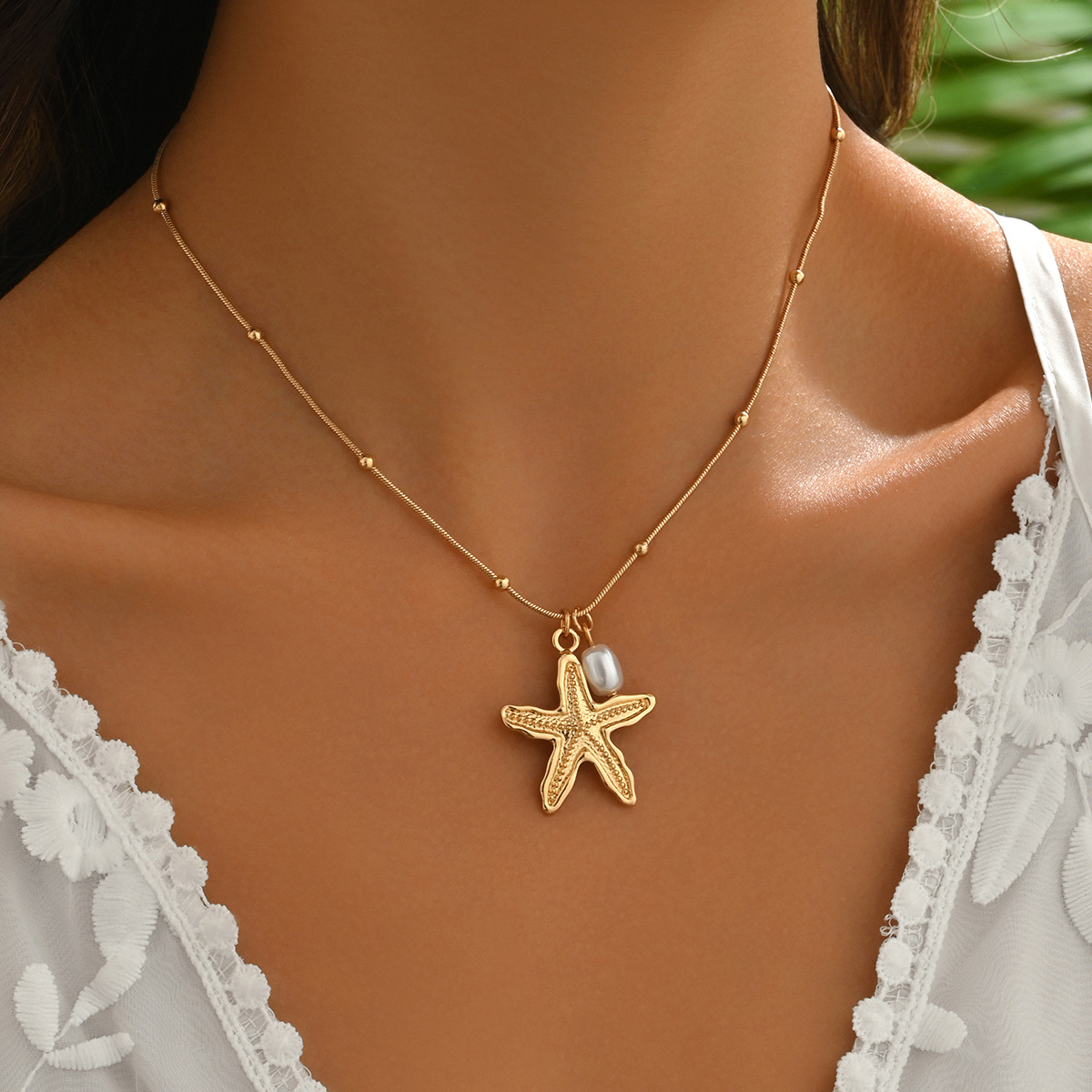 Modlily Golden Starfish Pearl Design Alloy Necklace - One Size
