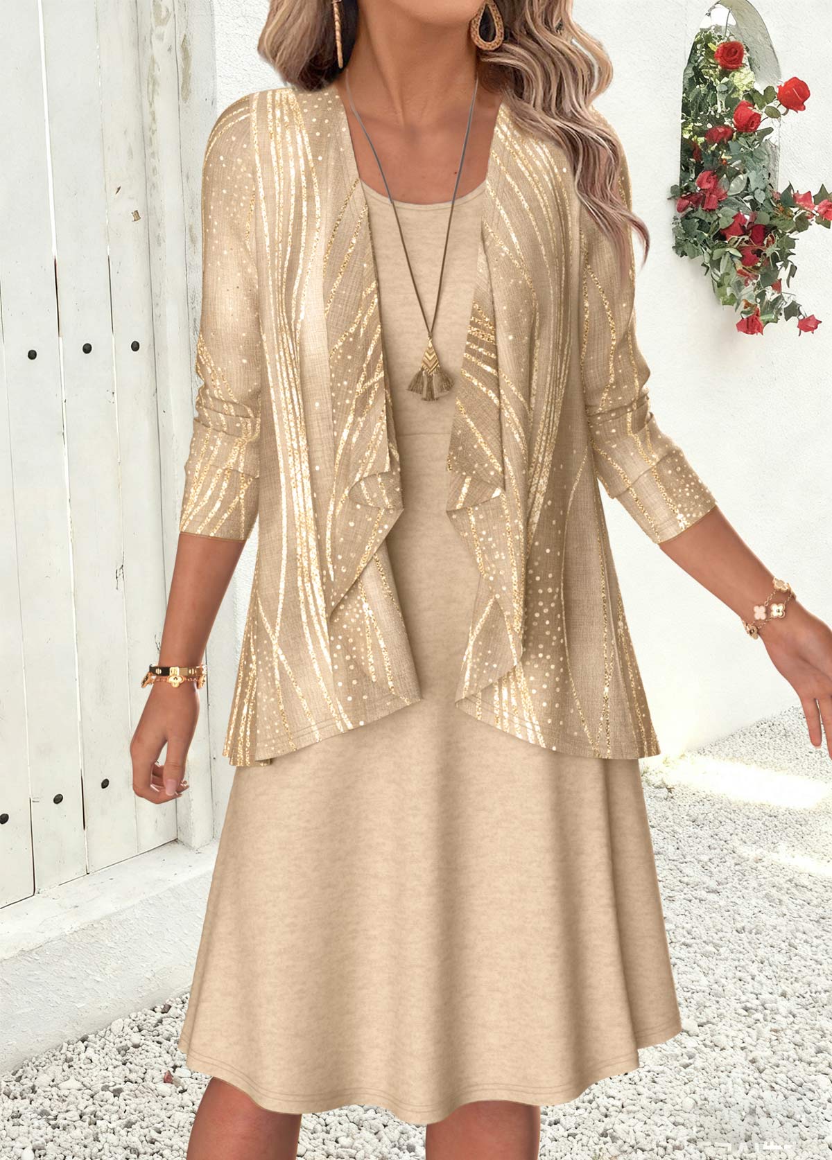Modlily Gray Brown Geometric Print Two-piece Dress and Cardigan - M
