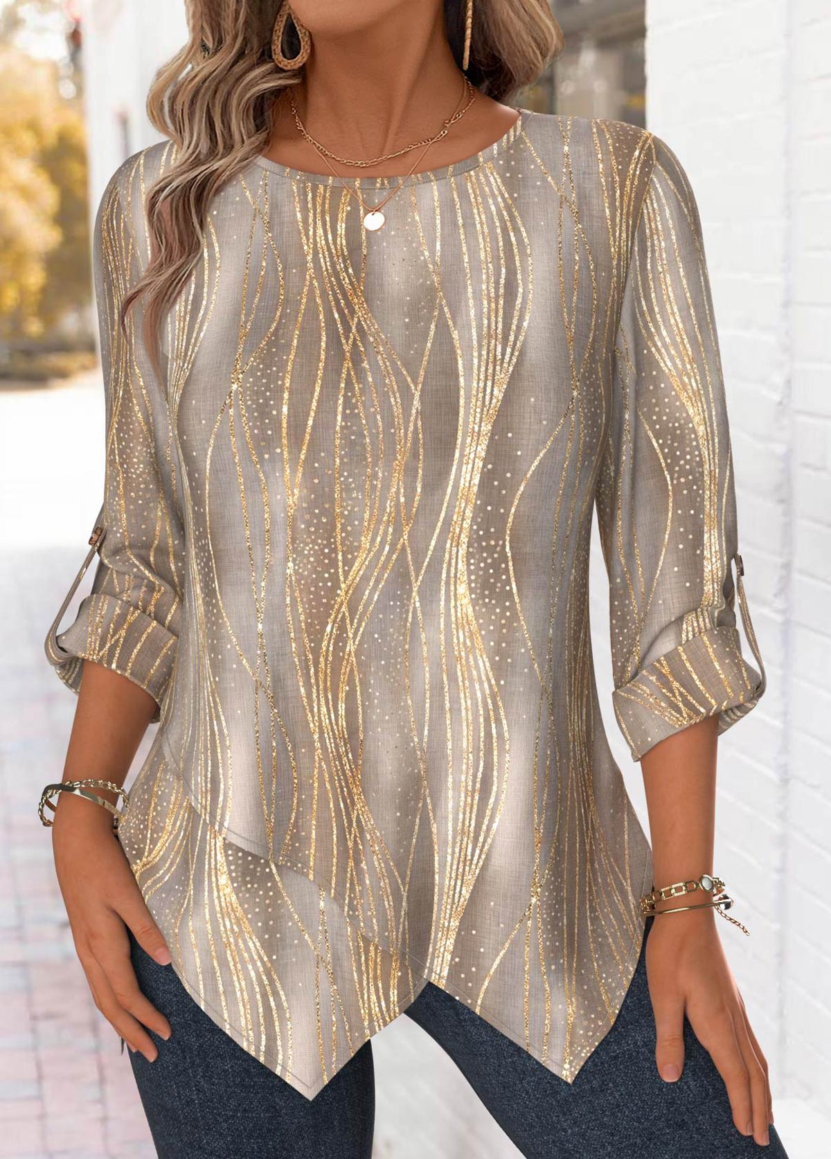 Modlily Gray Brown Ombre Long Sleeve Round Neck Blouse - S
