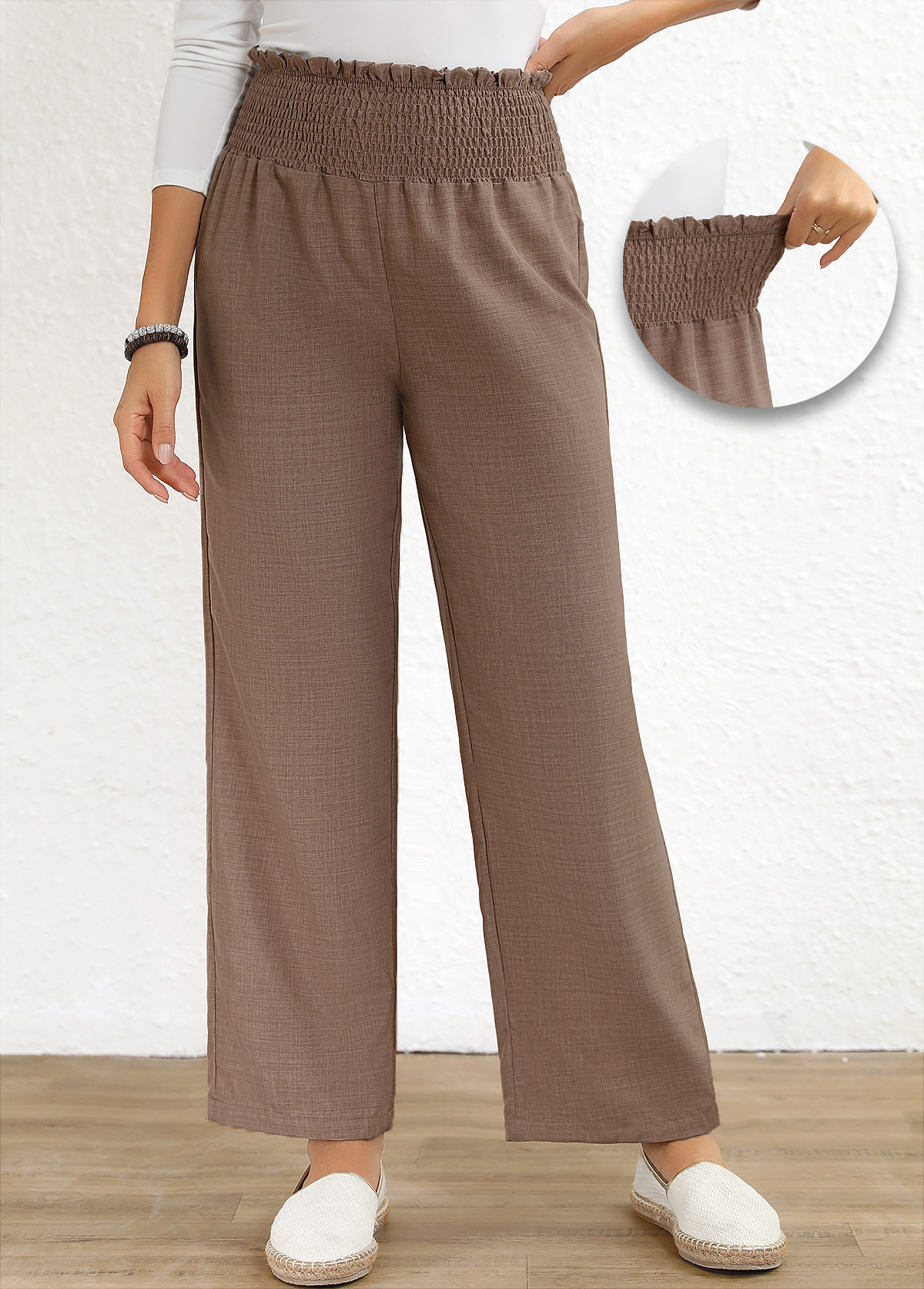 Modlily Gray Brown Smocked Elastic Waist High Waisted Pants - S