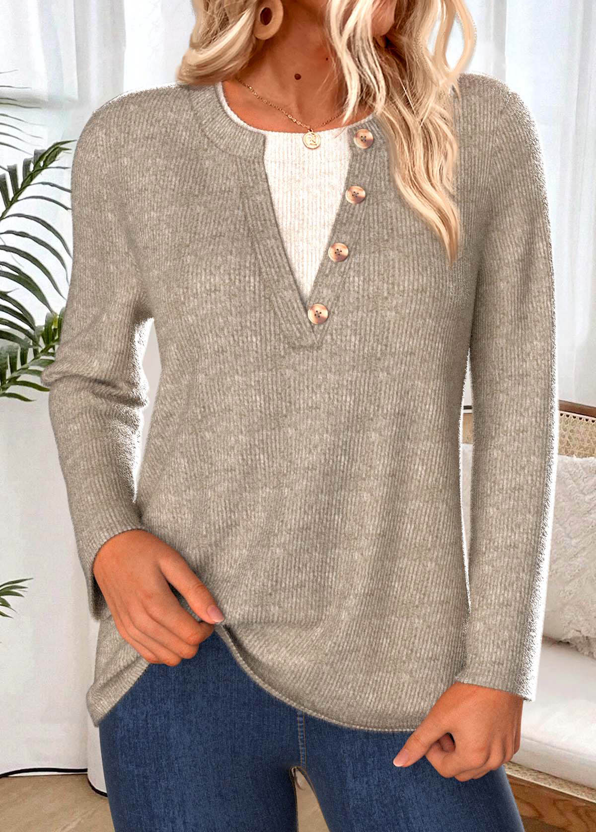 Modlily Gray Brown Tummy Coverage Long Sleeve T Shirt - M
