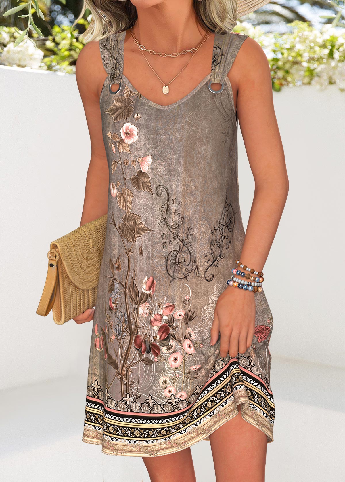 Modlily Gray Brown Tummy Coverage Random Floral Print Short Dress - XL