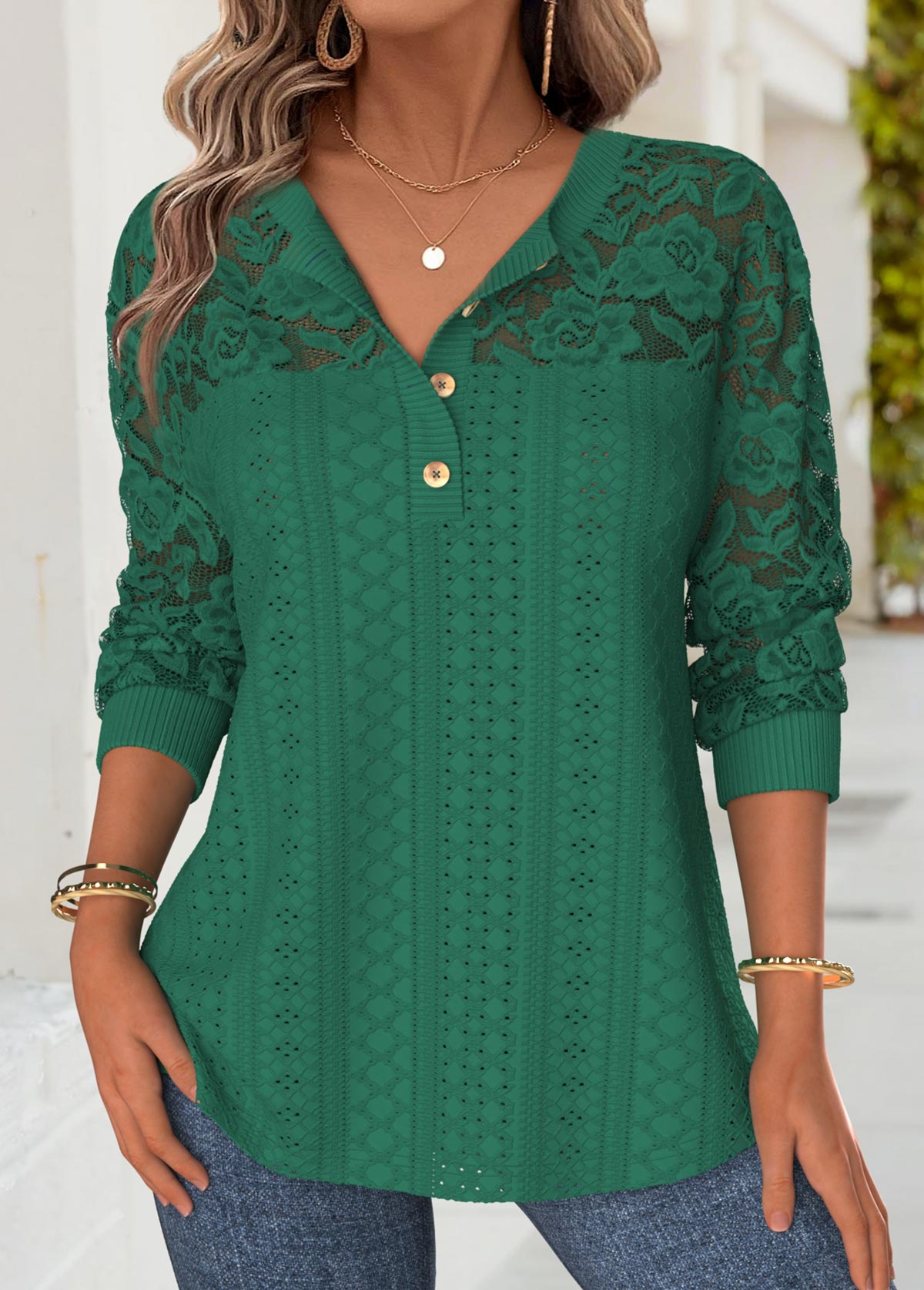 Modlily Green 3/4 Sleeve Split Neck T Shirt - XXL