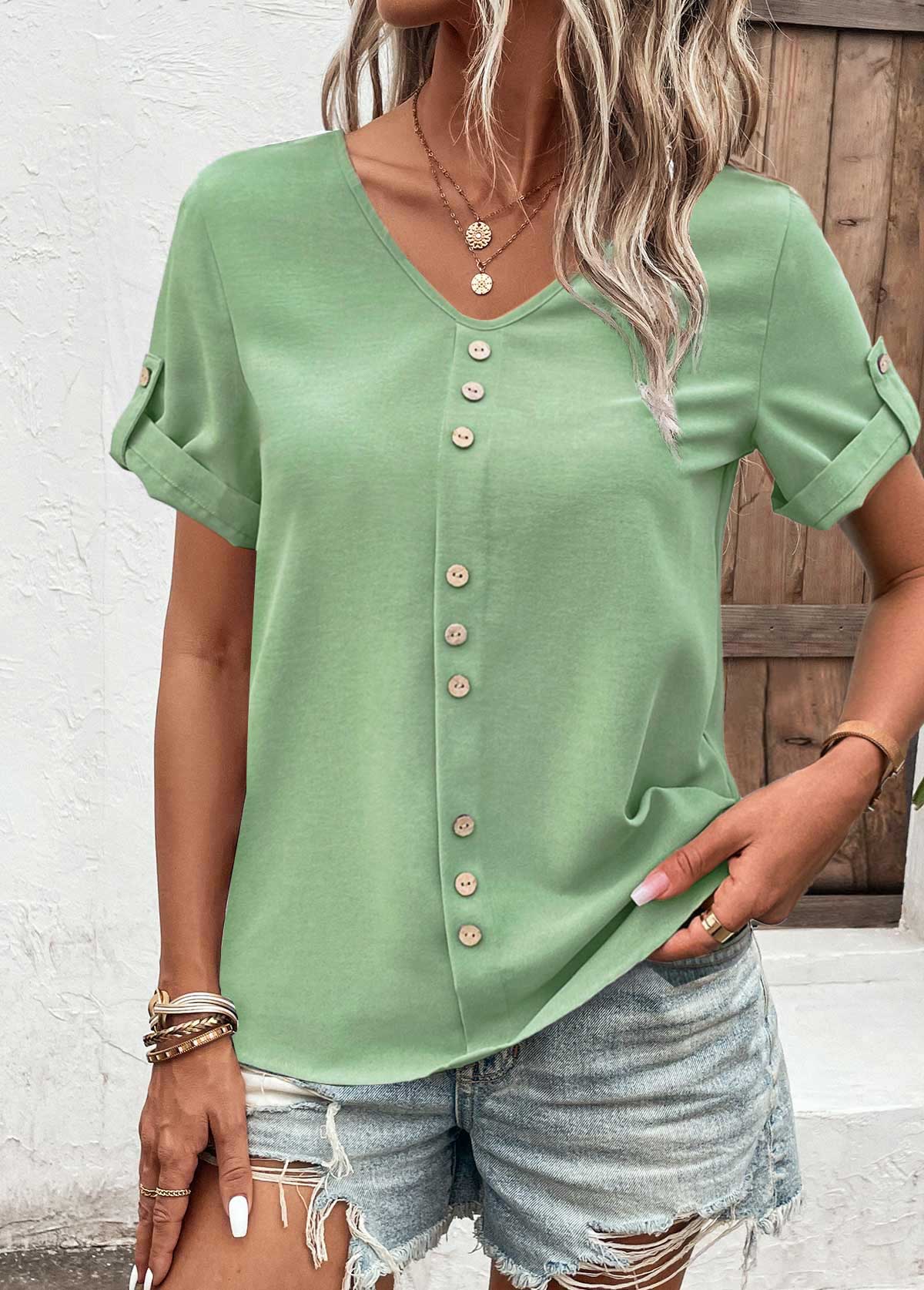 Modlily Green Button Short Sleeve V Neck T Shirt - S