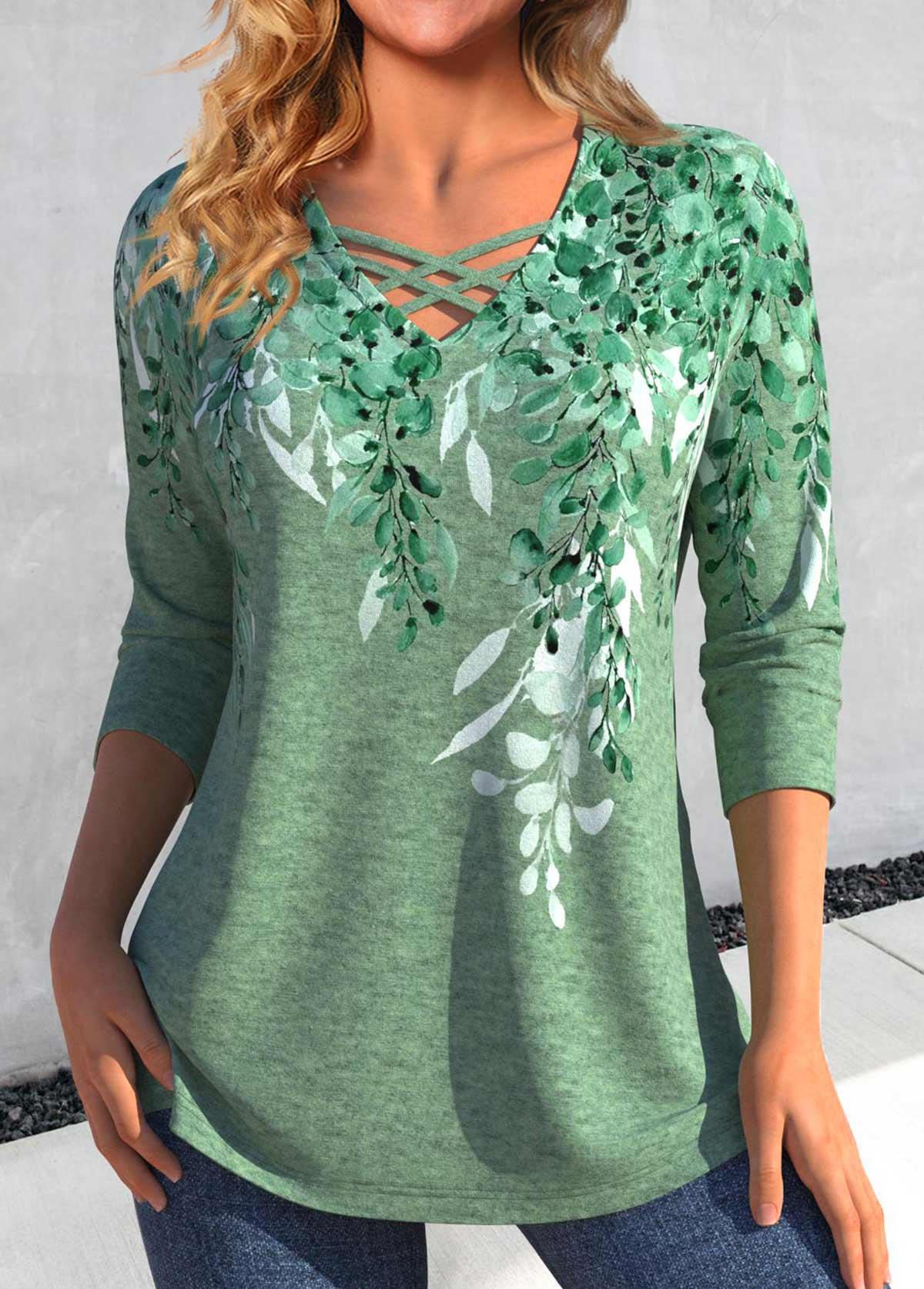 Modlily Green Criss Cross Plants Print T Shirt - M