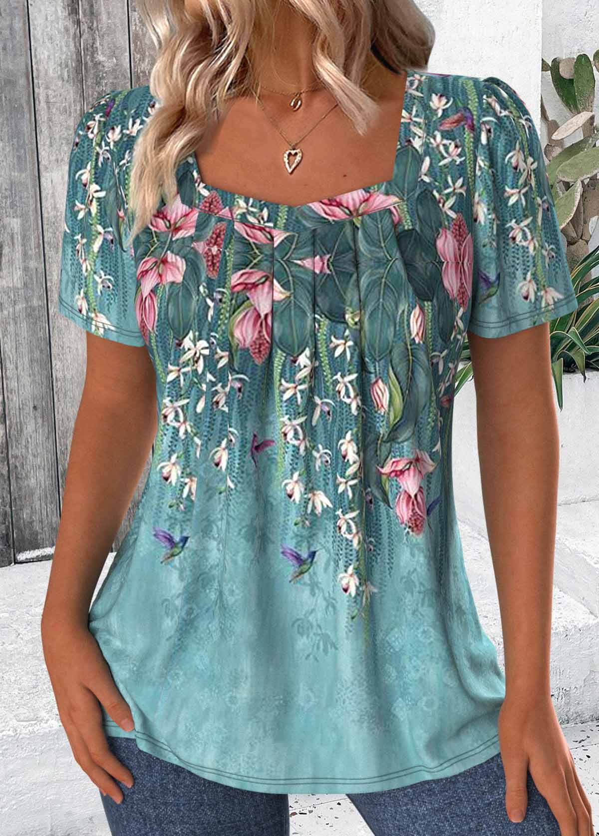 Modlily Green Floral Print Short Sleeve Square Neck T Shirt - S
