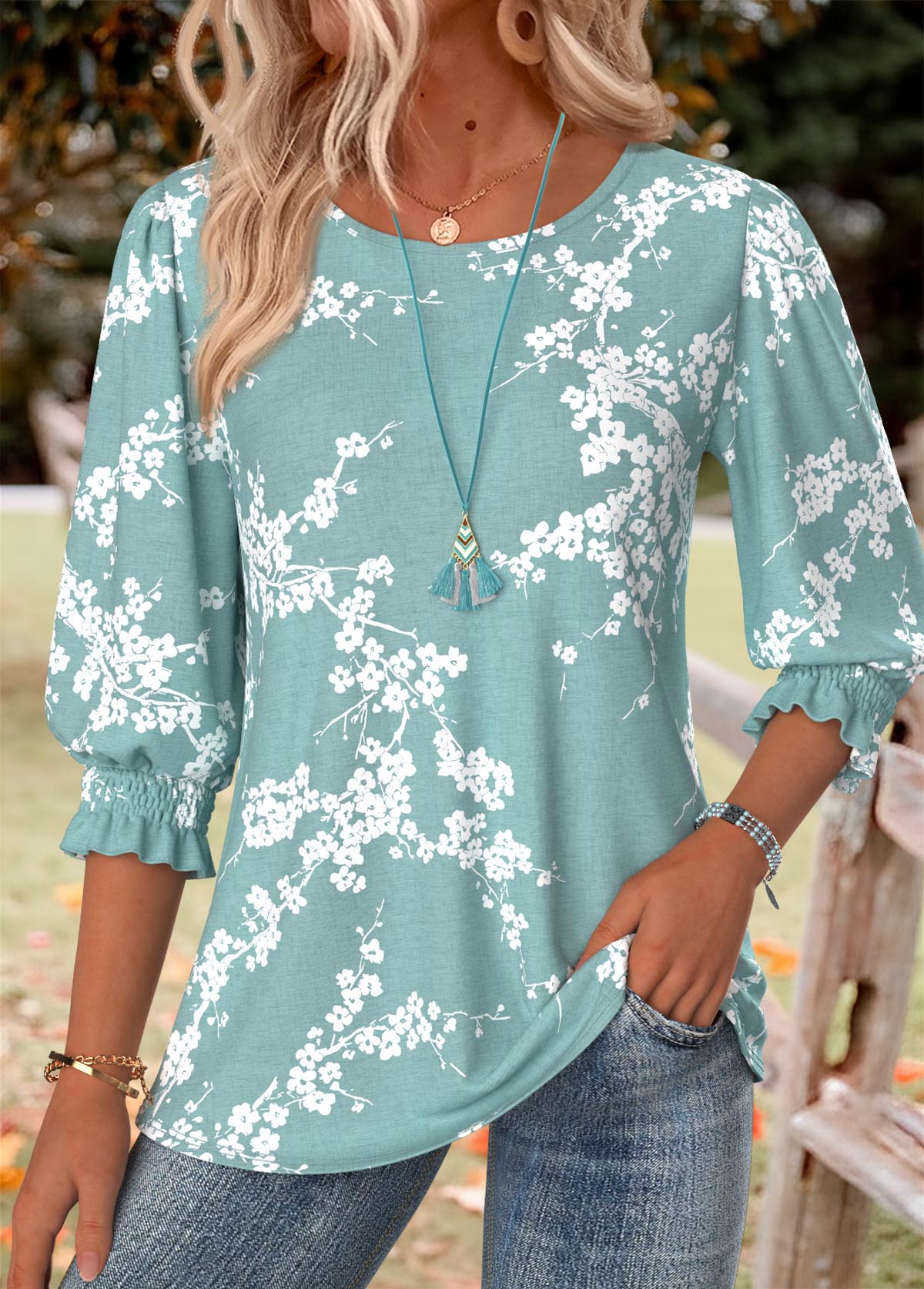 Modlily Green Floral Print Smocked 3/4 Sleeve Round Neck Blouse - M