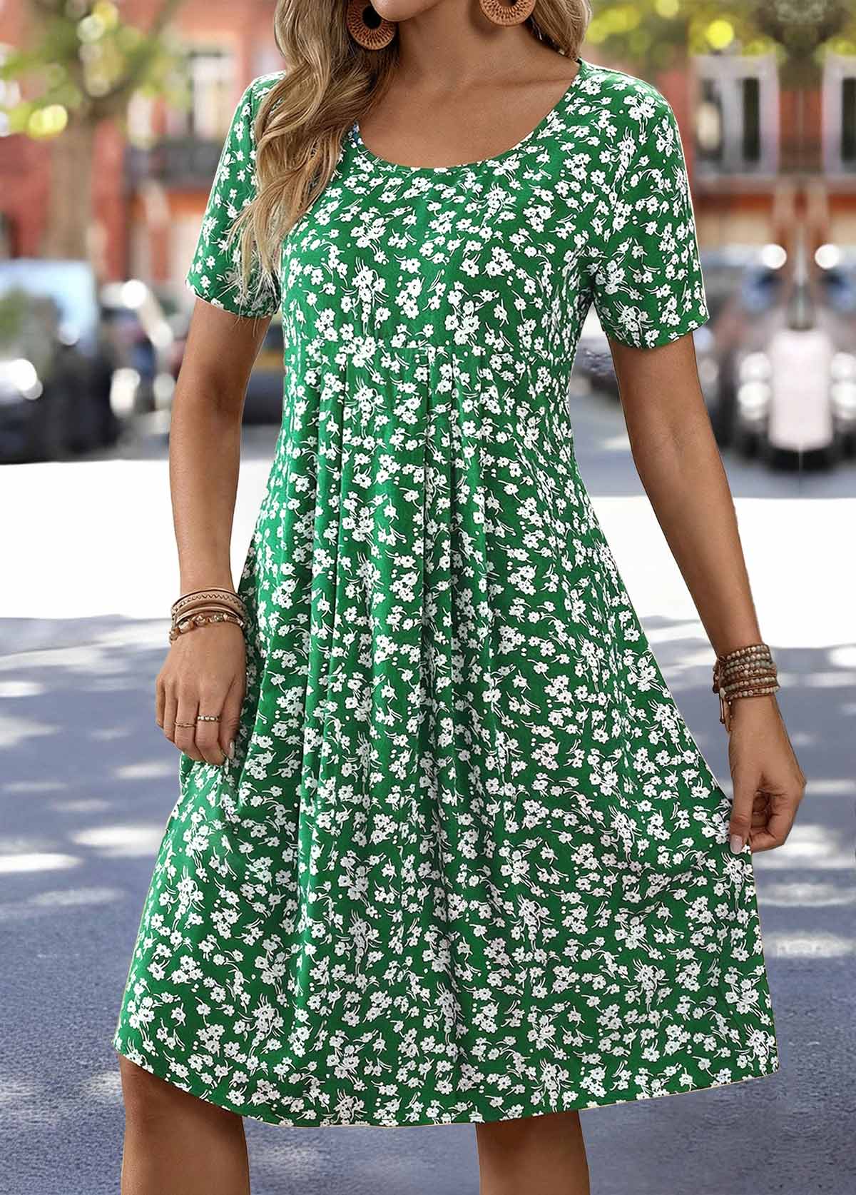 Modlily Green Floral Print Tummy Coverage Short Sleeve Dress - XL