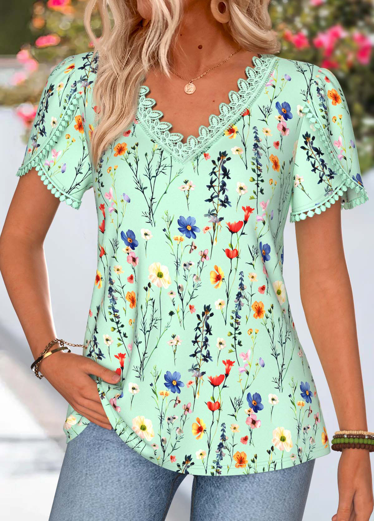 Modlily Green Floral Print Tummy Coverage Short Sleeve T Shirt - M
