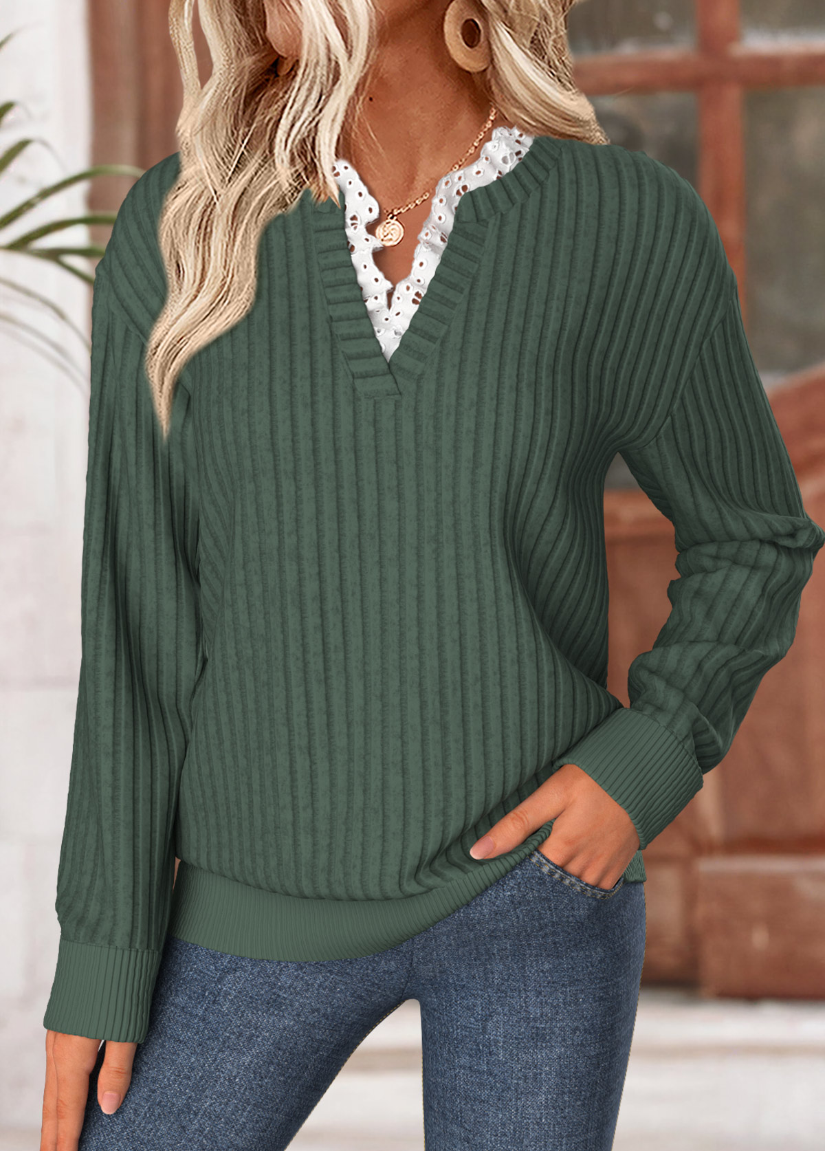 Modlily Green Frill Long Sleeve Split Neck Sweatshirt - XL