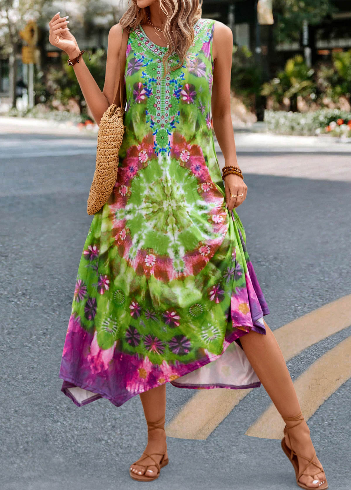 Modlily Green Handkerchief Hem Tie Dye Print Dress - XL