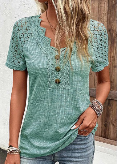 Modlily Green Lace Short Sleeve V Neck T Shirt - M