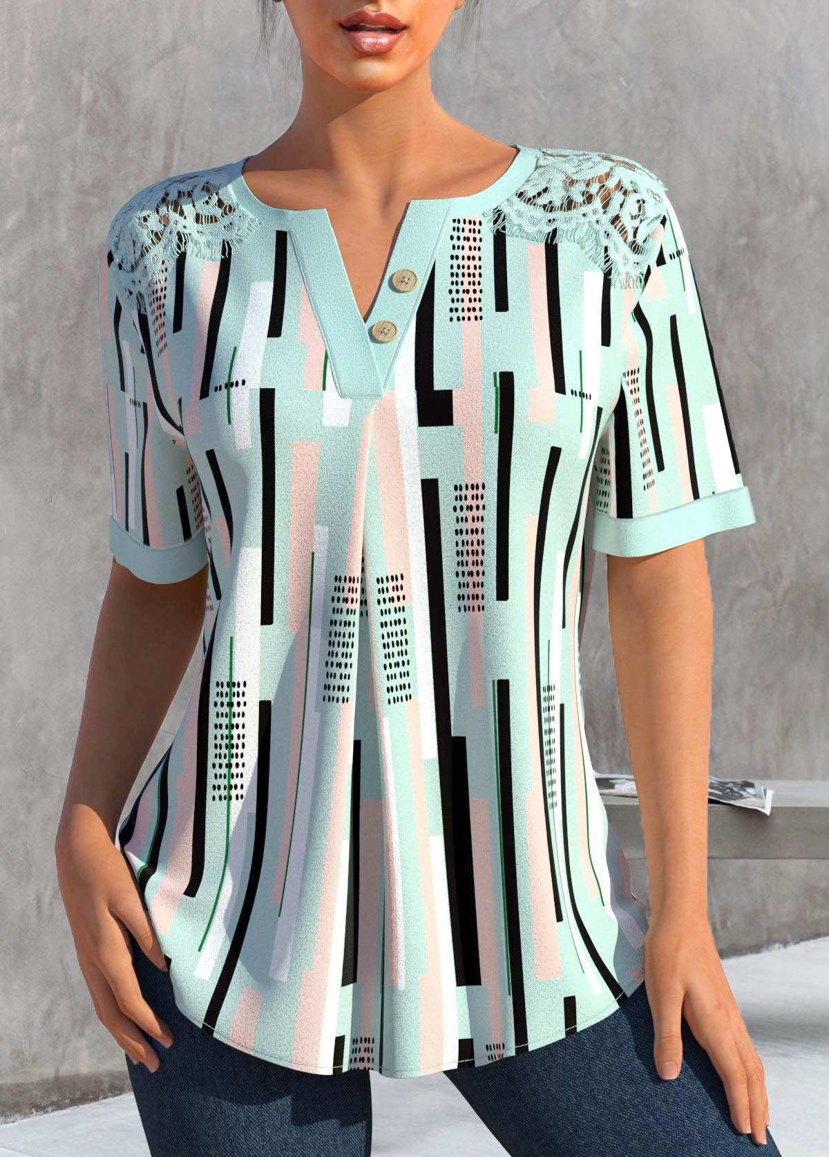 Modlily Green Lace Striped Short Sleeve Split Neck Blouse - M