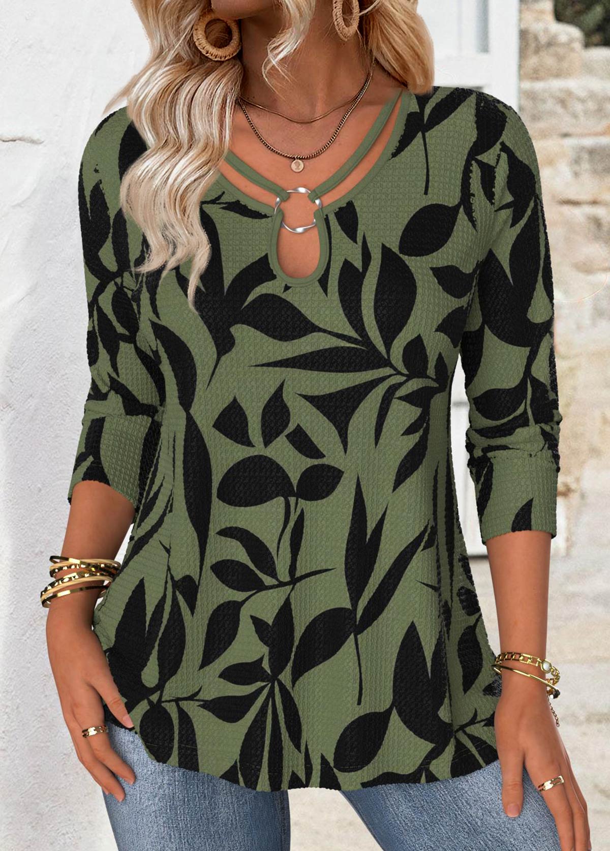 Modlily Green Leaf Print Long Sleeve T Shirt - XXL