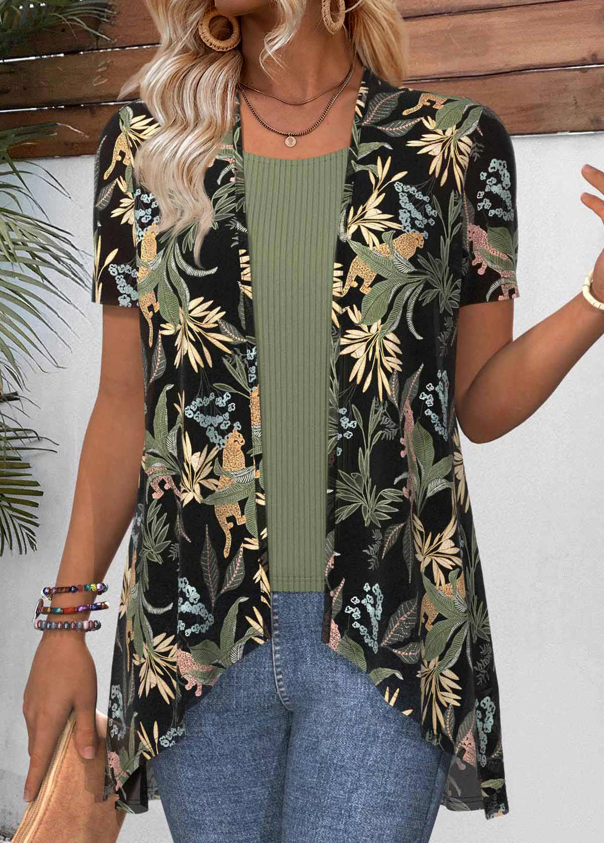 Modlily Green Leaf Print Short Sleeve Light Cardigan - XL