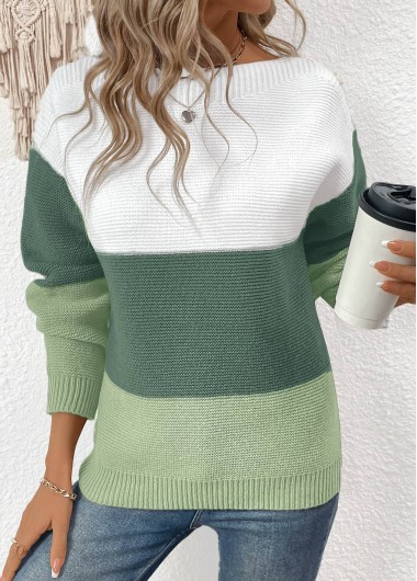 Modlily Green Patchwork Long Sleeve Round Neck Sweater - M