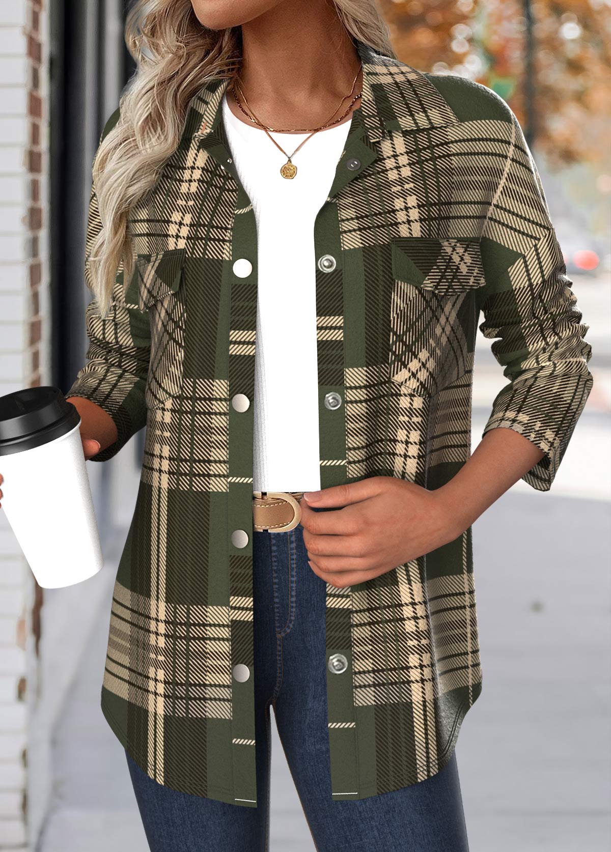 Modlily Green Patchwork Plaid Long Sleeve Turn Down Collar Coat - M