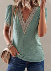 Modlily Green Patchwork Short Sleeve V Neck Lace T Shirt - XXL