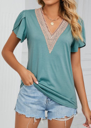 Modlily Green Patchwork Short Sleeve V Neck T Shirt - S