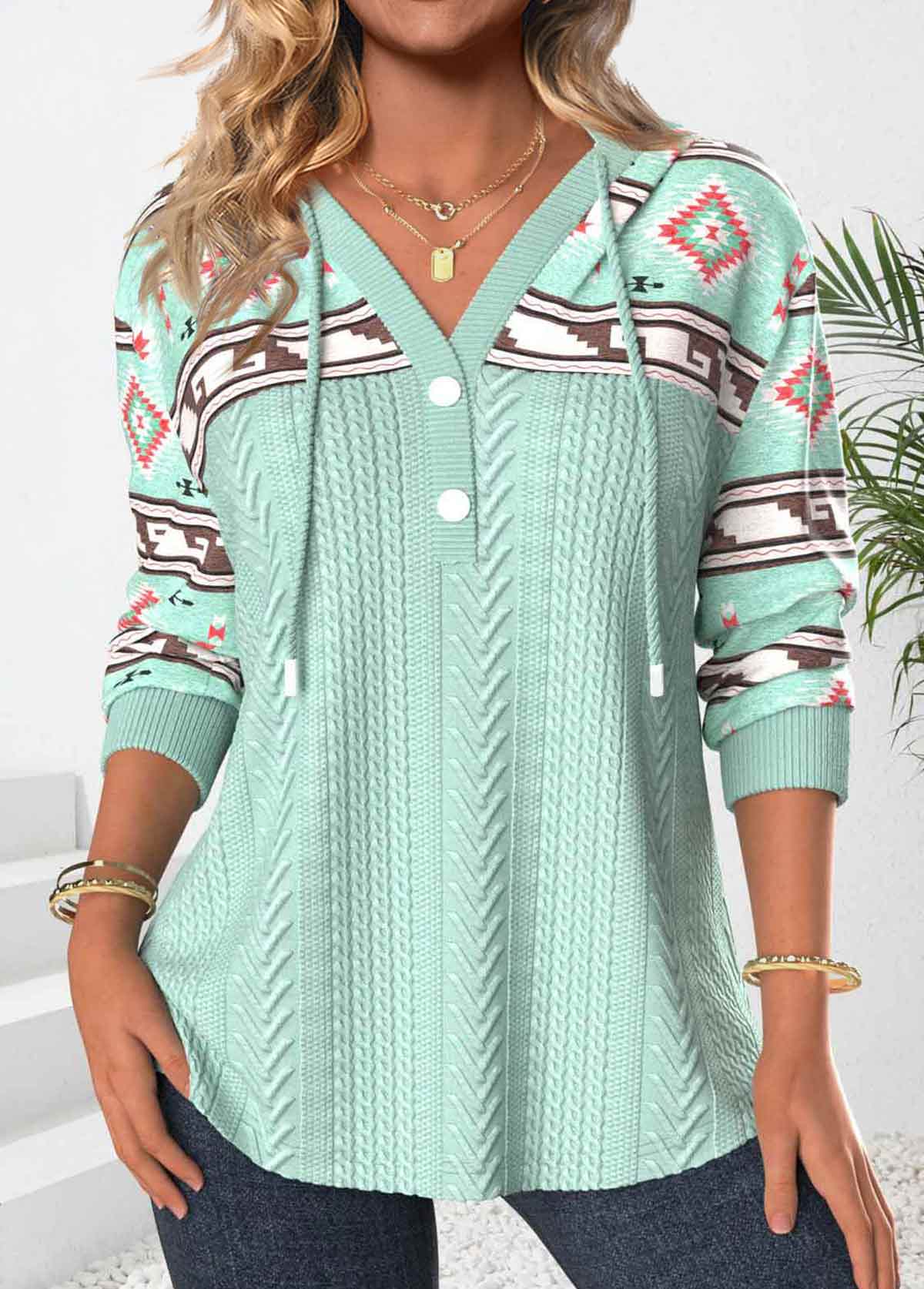 Modlily Green Patchwork Tribal Print Long Sleeve Hoodie - M