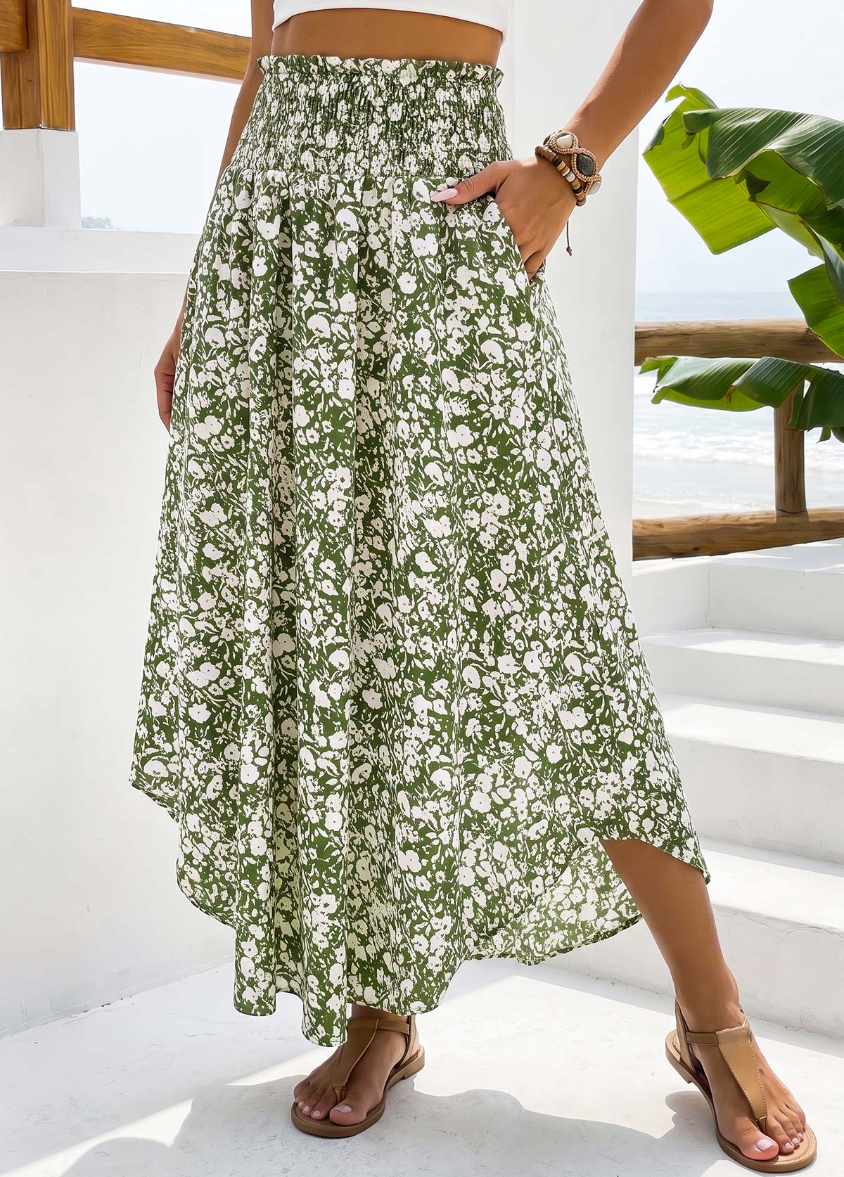 Modlily Green Pocket Ditsy Floral Print A Line Maxi Skirt - 2XL