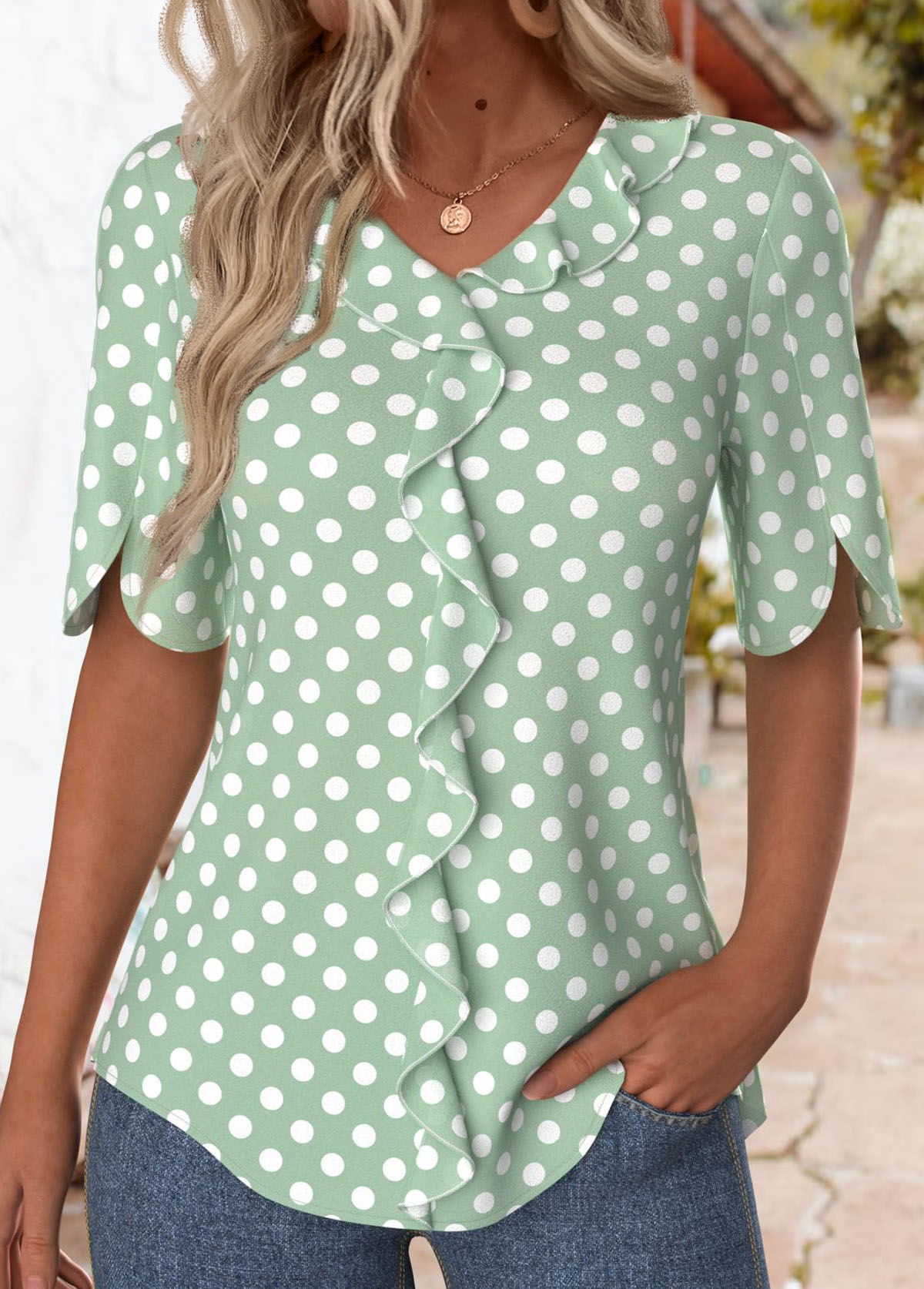 Modlily Green Ruffle Polka Dot Short Sleeve T Shirt - S