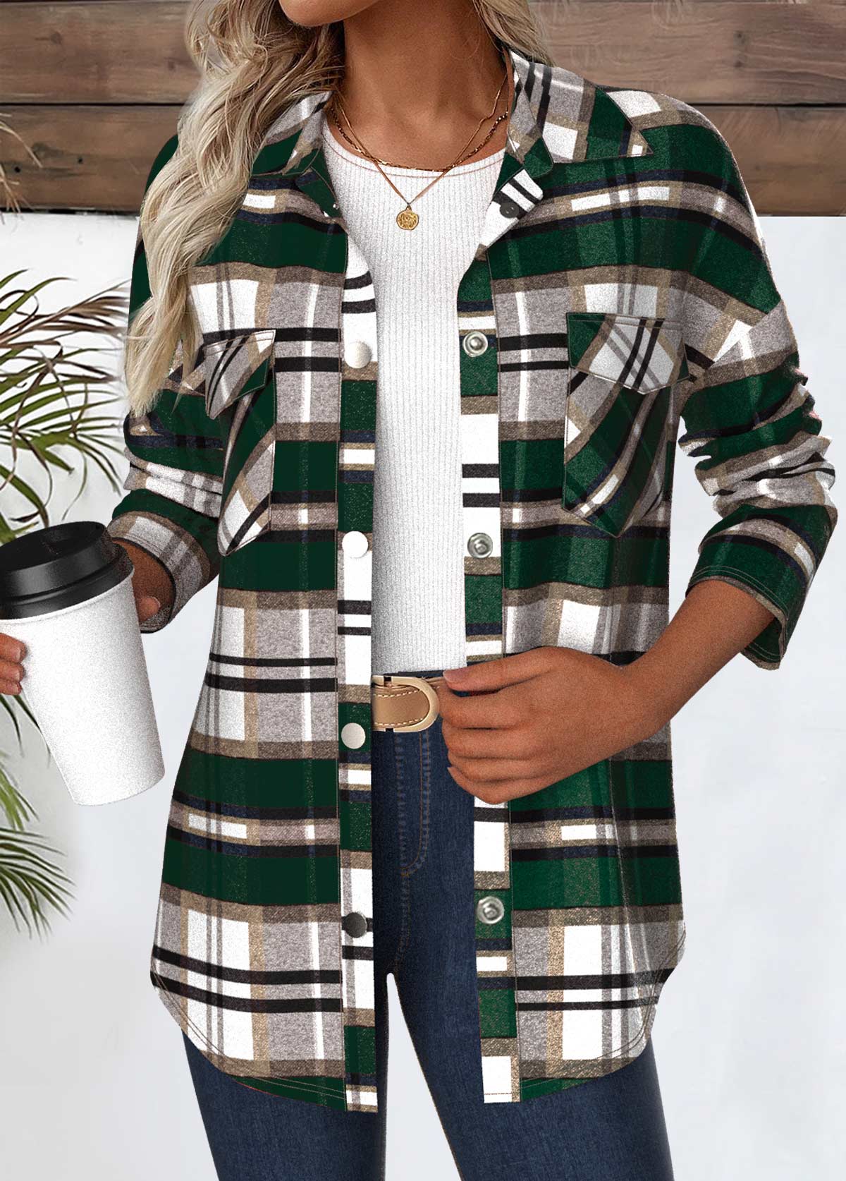 Modlily Green Snap Button Plaid Long Sleeve Coat - L