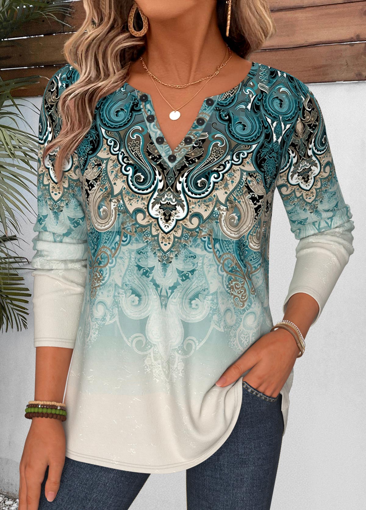 Modlily Green Tribal Print Tummy Coverage Long Sleeve T Shirt - M