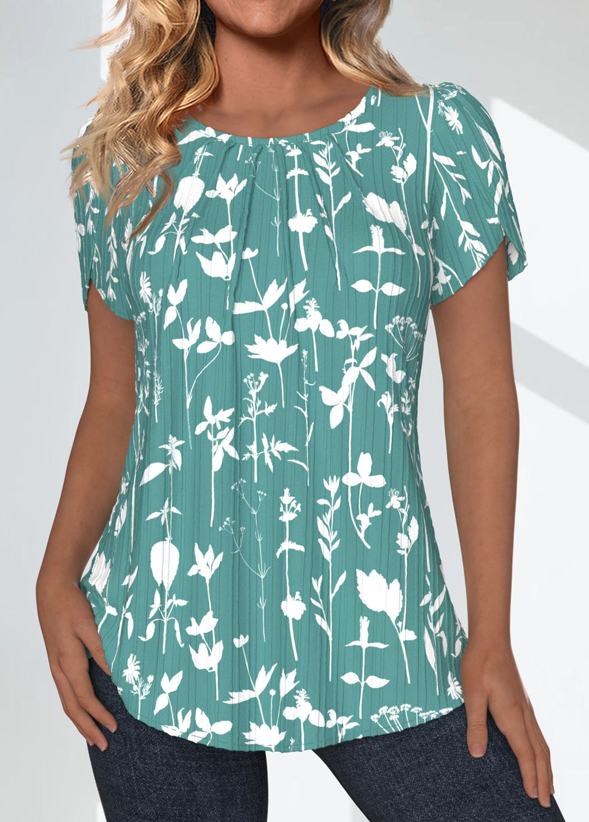 Modlily Green Tuck Stitch Floral Print Short Sleeve Blouse - S