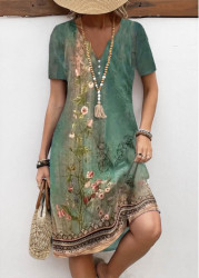 Modlily Green Tummy Coverage Floral Print Short Sleeve Dress - S