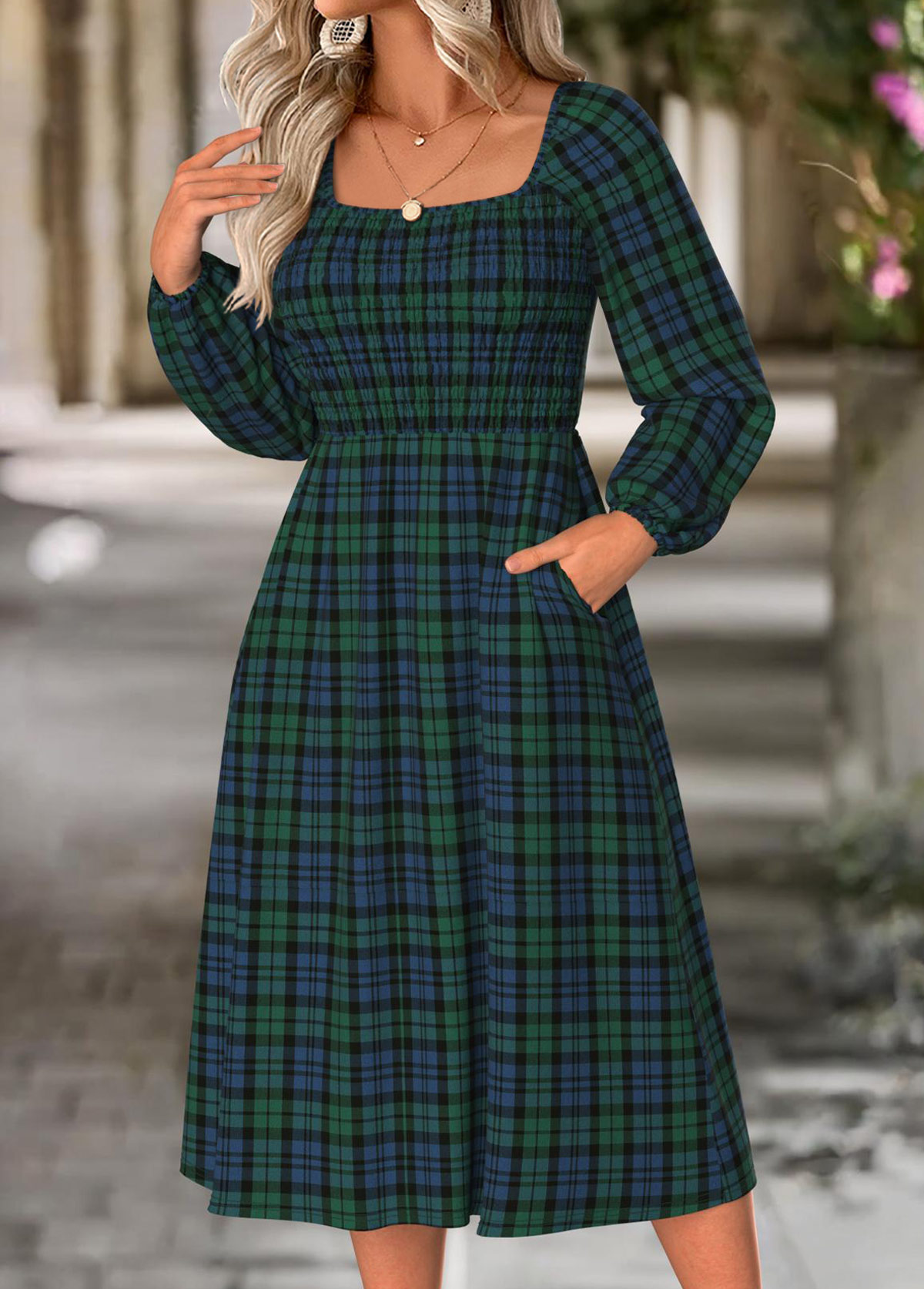 Modlily Green Tummy Coverage Plaid Long Sleeve Square Neck Dress - XL