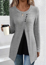 Modlily Grey Asymmetry Long Sleeve Round Neck T Shirt - S