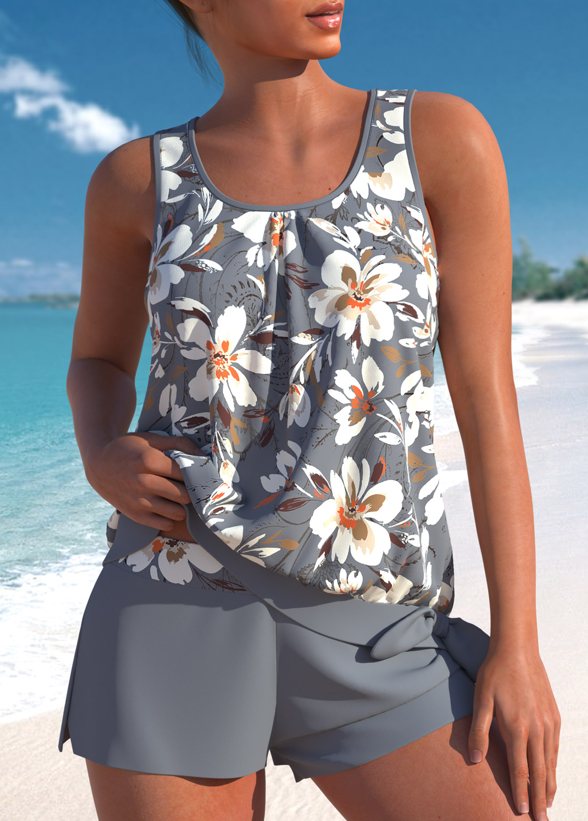 Modlily Grey Bowknot Tankini With Bottom Floral Print Wide Strap Tankini Set - S