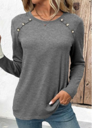 Modlily Grey Button Long Sleeve Round Neck T Shirt - S