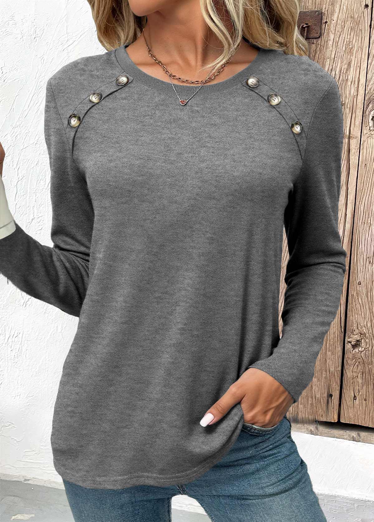 Modlily Grey Button Long Sleeve Round Neck T Shirt - S