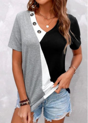 Modlily Grey Button Short Sleeve V Neck T Shirt - XL