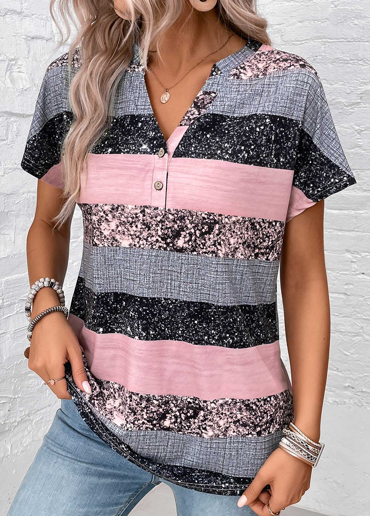 Modlily Grey Button Striped Short Sleeve Split Neck Blouse - M