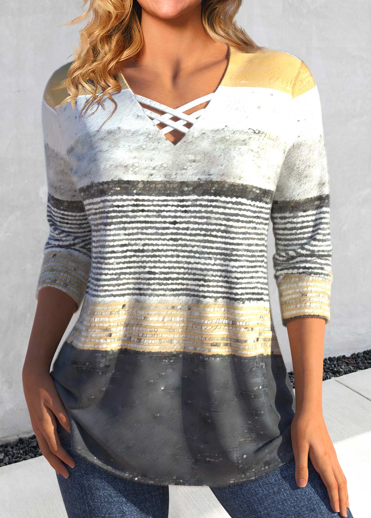 Modlily Grey Criss Cross Striped Long Sleeve T Shirt - XXL
