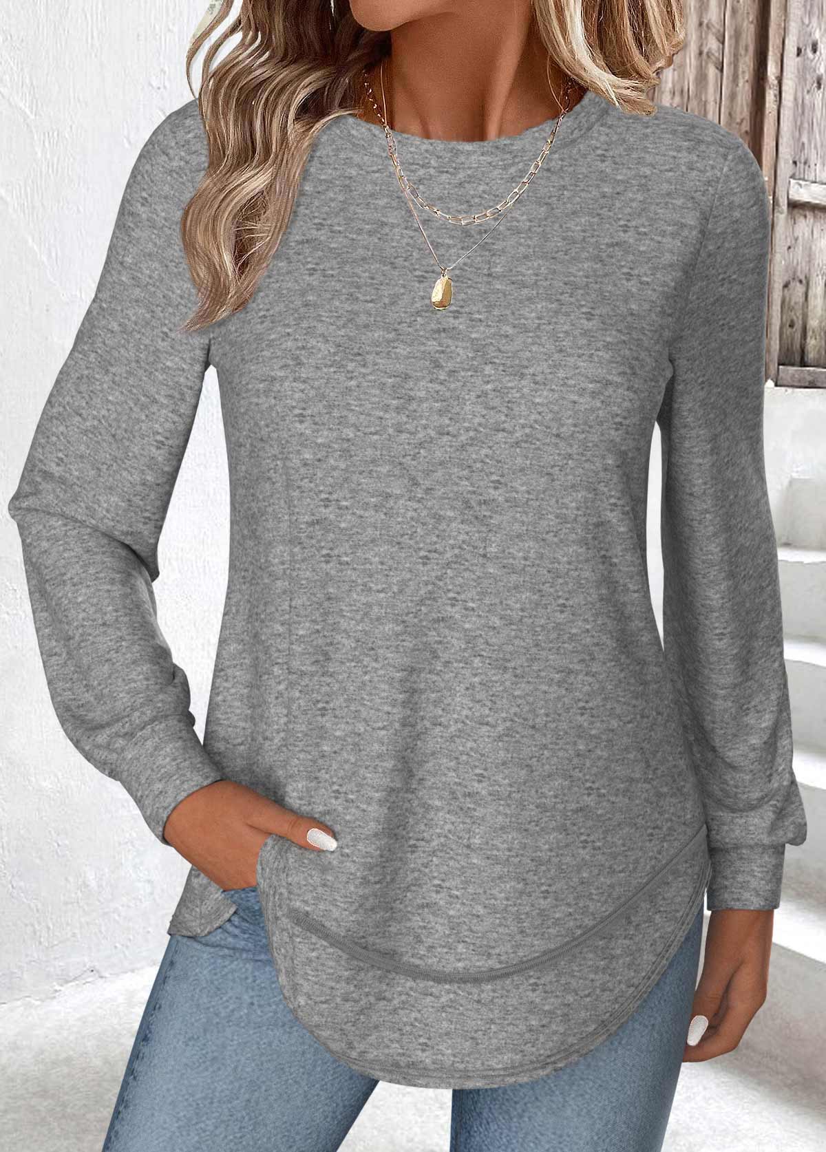 Modlily Grey Curved Hem Long Sleeve T Shirt - S